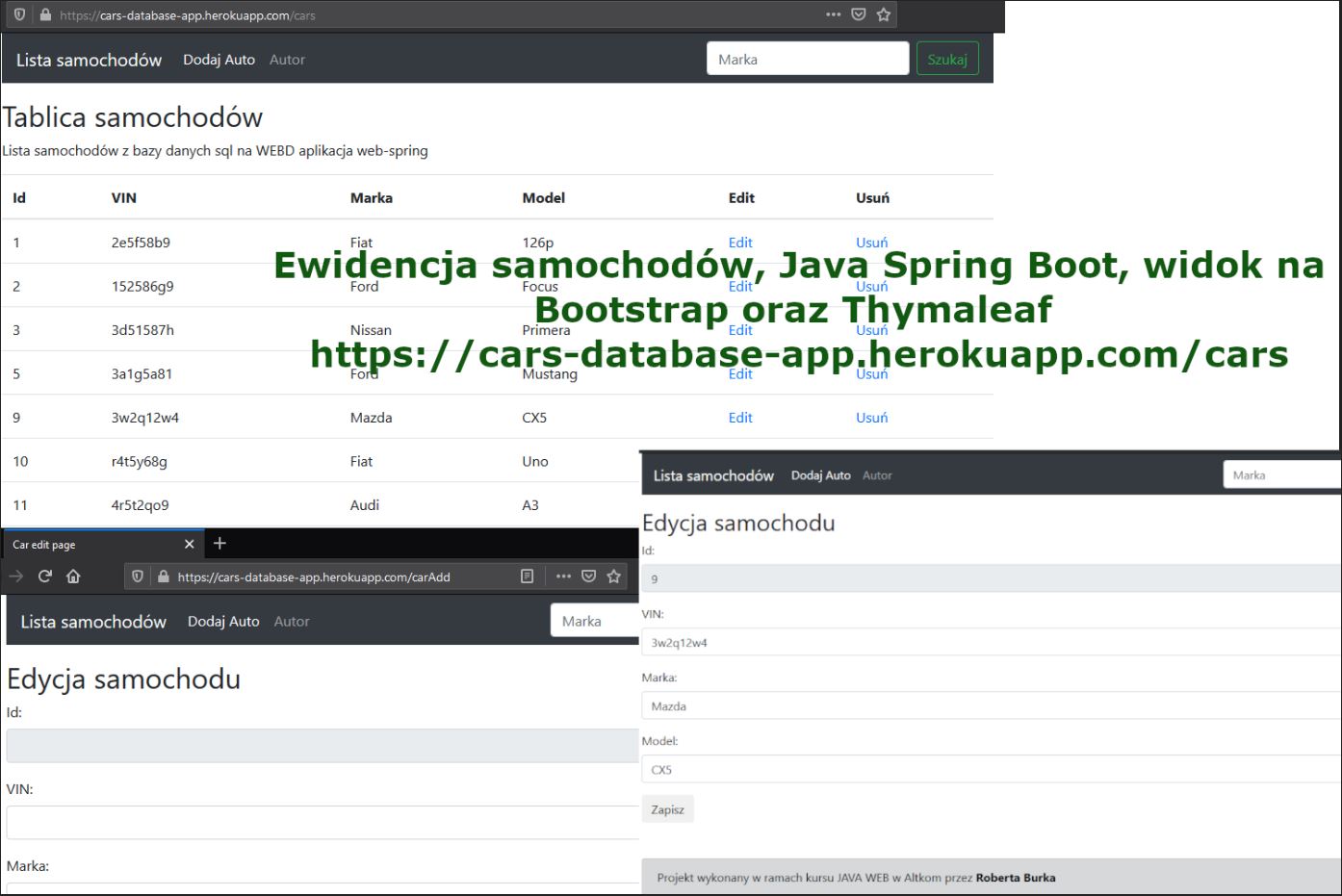 Ewidencja samochodów. Java Spring Boot, widok na Bootstrap oraz Thymaleaf, opublikowana na HerokuApp.